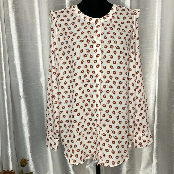 Liz Claiborne Career Women’s Large Button Down Long Sleeve Leaf Print Blouse - Picture 2 of 9